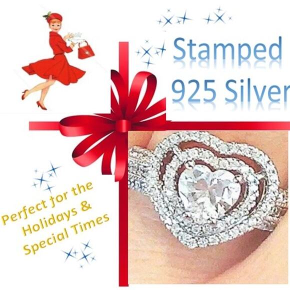 NEW Heart Ring Size 8 Silver 925 Simulated Diamonds Love Heart Wide Band Layered - Picture 6 of 14